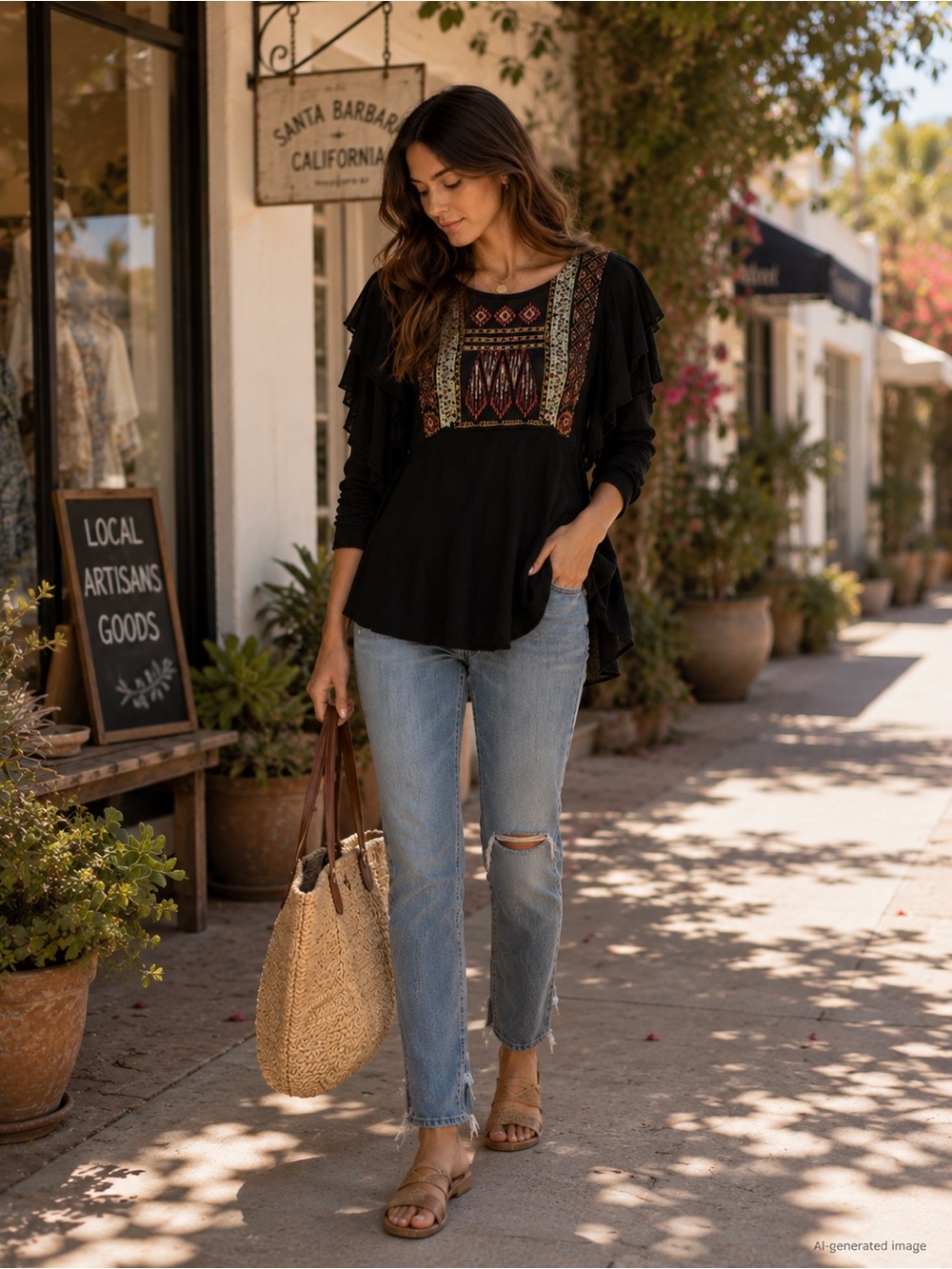 Free People Embroidered Boho Flutter Sleeve Blouse XS Black
